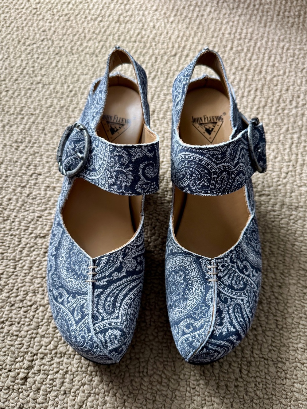 John Fluevog Navy Paisley Mary Jane Heels with Buckle